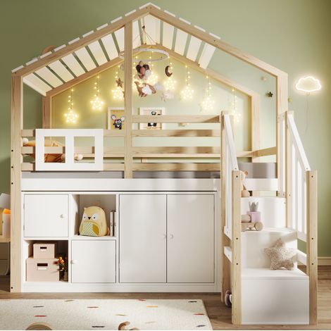 Cama alta infantil 90x200 cm de pino blanco con almacenaje, sin colchón – MEUBLIV (1/5)