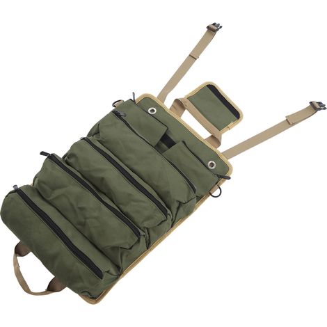 Sac à outils enroulable polyvalent, rangement portable en toile Oxford, poches séparées, organiseur pour jardinage et camping, vert (1/5)