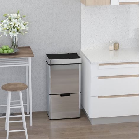 Poubelle automatique avec capteur, 3 compartiments, 72 L, acier inoxydable argenté DESVIAE (1/5)