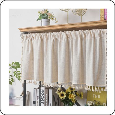 Kurzer Voile-Vorhang, Bistro-Stil, Verdunkelungsvorhang im Boho-Stil, Leinen, Baumwolle, Beige, einfarbig, kurzer Vorhang mit Quasten für Küche, Wohnzimmer, Schlafzimmer, 1 Stück (1/5)