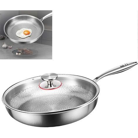 Poêle à frire professionnelle en titane martelé avec couvercle, revêtement antiadhésif, répartition uniforme de la chaleur (30 cm)