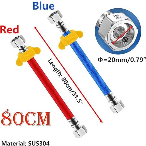 2 Pièces Tuyaux D'entrée Flexibles en Acier Inoxydable 304, G1/2" Connecteurs de tuyau pour Chauffe-Eau Eau Chaude et Froide, 80CM (1/5)