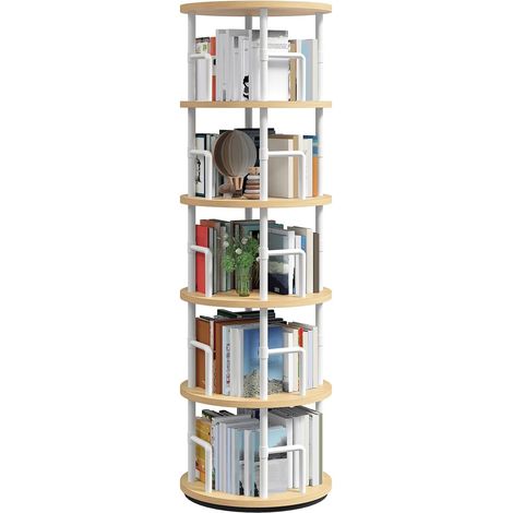Bibliothèque Rotative à 5 Étages, Rotation à 360°, Étagère de Rangement Autoportante avec Garde-Corps, pour Petit Espace, Salon, Chambre, Bureau Domestique, Bois Naturel et Blanc ABKBN4501 (1/5)