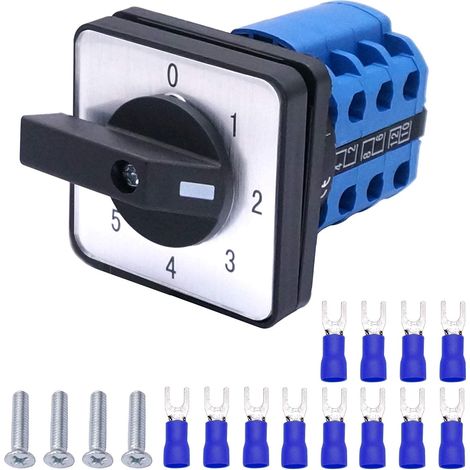 LW26-20 Commutateur de sélecteur à came rotative universelle 5 positions 12 bornes 20A 550V Inverseur Commutateur Rotatif,avec 4 vis +SV2-4s Borne de connexion bleue LW26-20 0-5/3+DZ (1/5)