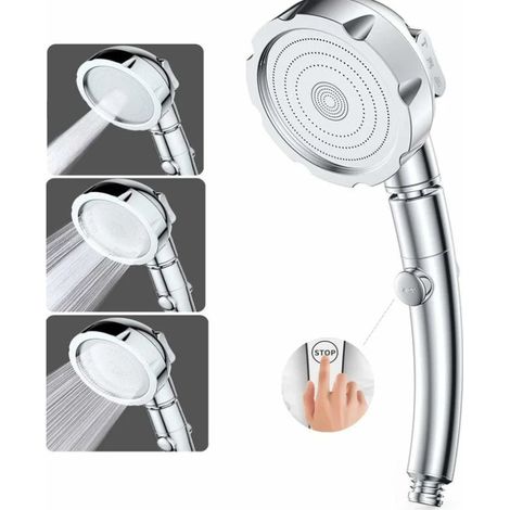 Handbrausekopf mit hohem Wasserdruck, 3 Strahlarten, aus ABS- und Edelstahl, mit Stopptaste, universell einsetzbar, wassersparend (1/5)