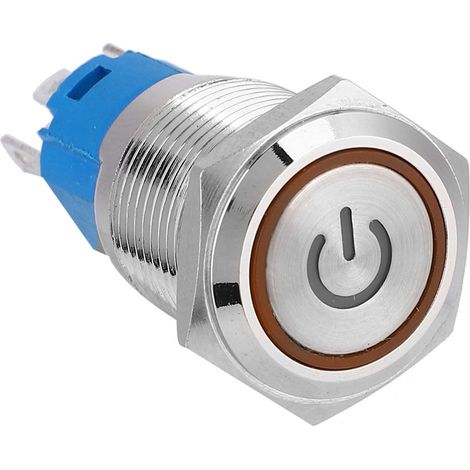 Bouton-poussoir annulaire métallique à LED jaune, tête ronde plate, réarmement automatique, avec symbole d'alimentation, 16 mm, 12 V (1/5)