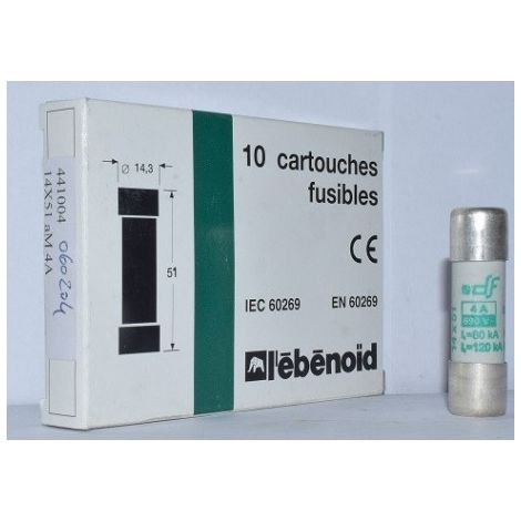 Fusible 4A cartouche 14X51mm aM usage industriel (boite de 10) HPC 120kA 500V sans percuteur EBENOID 060204 (1/2)