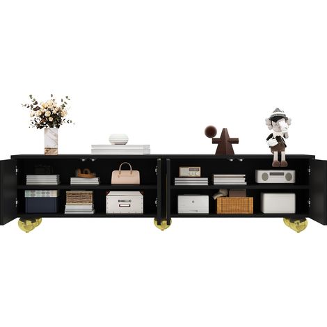 Meuble TV lowboard avec portes texturées, finitions dorées et pieds ronds dorés, étagères incluses, système push-to-open (1/5)