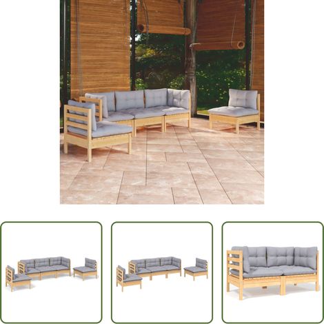 Terrassensofa - 5-tlg. Garten-Lounge-Set mit Grauen Kissen Kiefer Massivholz (1/5)
