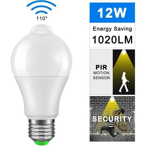 E27 12W Ampoule LED Capteur Capteur PIR Lampe à économie d\'énergie 3000K blanc chaud pour l\'entrée (1/4)