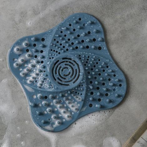 Tapis anti-cheveux pour drain de douche Prévient les obstructions Réutilisable Filtre silicone pour drain de sol de salle de bain ou cuisine Bleu (1/5)