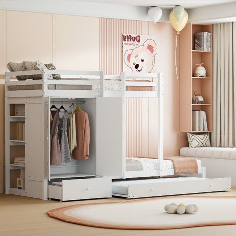 Lit Superposé Bois Massif 90x200cm avec Lit Gigogne, Armoire et Rangements Intégrés Blanc (1/5)
