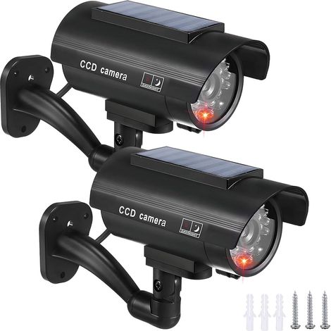 Lot de 2 Camera Factice Exterieur, 135 X 60mm Camera Factice, Caméra Fausse Solaire, Fausse Camera Surveillance Exterieur avec LED Clignotante pour L'intérieur et L'extérieur Noir (1/5)