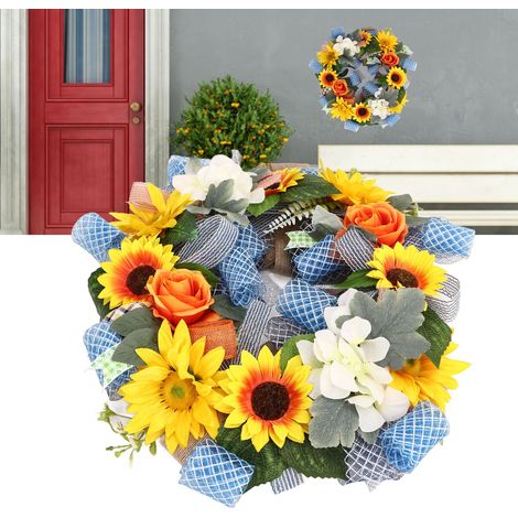 Dekorativer Blumenkranz mit Sonnenblumenmuster, 45 cm Durchmesser, zum Aufhängen an der Tür, mit Band und Anhänger. (1/5)