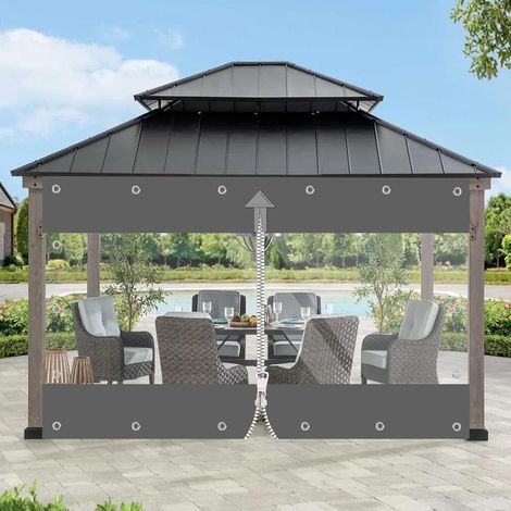 Bâche transparente en PVC 650 g/m², rideau d'extérieur avec fermeture éclair, bâche de protection imperméable, protection contre le vent et la pluie pour pavillon, balcons, terrasses (gris, hauteur (1/5)
