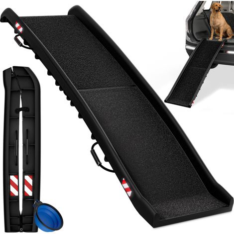 CADOCA® Rampa para Perros Coche Plegable 90 KG Compacta 156x40 cm Asa de Transporte Barra de Seguridad Reflectores Bebedero Perro Gato Cinta Antideslizante (1/5)