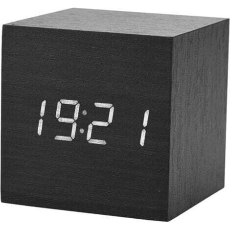 Réveil numérique, horloge numérique LED avec affichage de la date, température, 3 alarmes, 4 niveaux de luminosité, alimenté par batterie ou USB [Noir, bois, lumière blanche] (1/4)