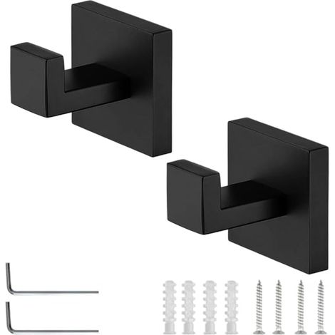 Lot de 2 Crochet Salle de Bain à Percer, Patère Murale Noir Mat en Acier Inoxydable 304, Montage Caché avec Socle Carré et Outils d’Installation, pour Salle de Bain, Cuisine, Bureau (1/5)