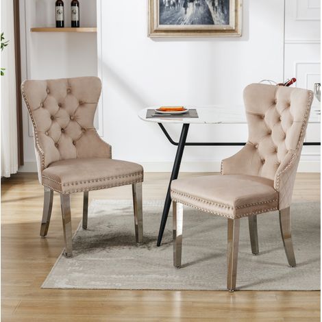 Lote de 2 sillas de comedor tapizada con tachuelas, beige (1/5)