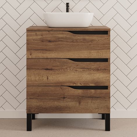 Meuble de salle de bain 60cm avec plateau et vasque à poser zeus - 3 tiroirs - sans miroir - tabaco (chêne foncé) - MATA (1/4)