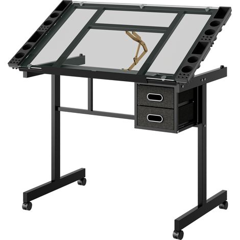 Verstellbarer Zeichentisch mit Glasplatte, 2 Stoffschubladen und 4 schwarzen Rollen MODENUIT (1/5)