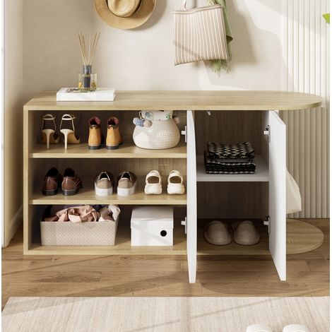 Zapatero moderno francés (104x37x50 cm), apertura push to open, con protección antivuelco, aglomerado, blanco y natural (1/5)