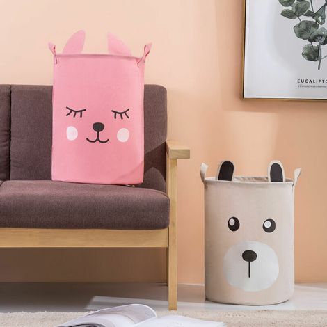 Panier à Linge Rangement Enfant avec Poignées Ours Corbeille à Linge Organiser Vêtements Stockage Linge Pliable et Etanche Sac à Linge Convient pour Ranger Le Linge et Les Jouets des Enfants-Abricot，O