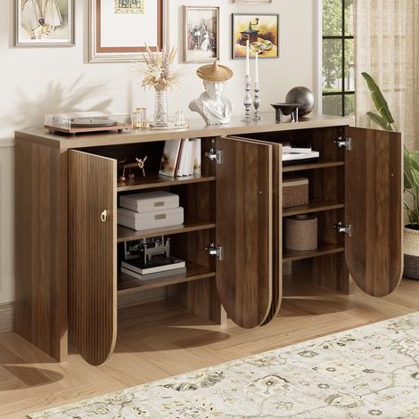 Credenza finitura noce 147x40x80 cm, mobile contenitore con 4 ante, ripiani regolabili e maniglie, per soggiorno, sala da pranzo e ingresso