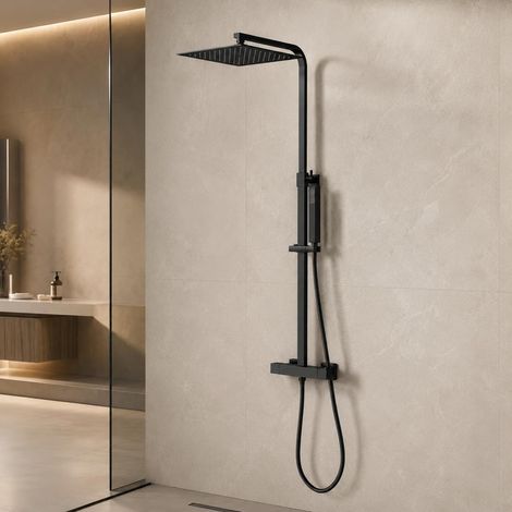 Colonne de Douche Noir, 25 x 25 cm Colonne de Douche Thermostatique, Douche de Tête et Haute Pression Douchette, Ensemble de Douche avec Mitigeur (1/5)
