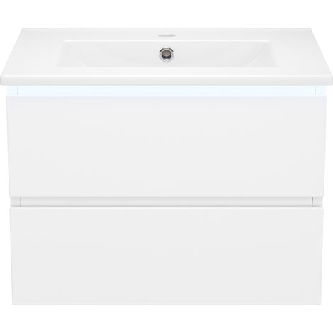 Wandwaschtisch 61 x 46 x 45 cm mit Keramikbecken, LED-Sensorlicht und 2 Schubladen Weiß (1/5)