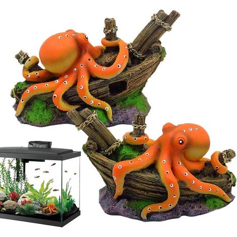 Juego de 2 decoraciones para acuario: pulpo naranja sobre un naufragio, escondite natural y elemento decorativo para cualquier acuario. (1/4)