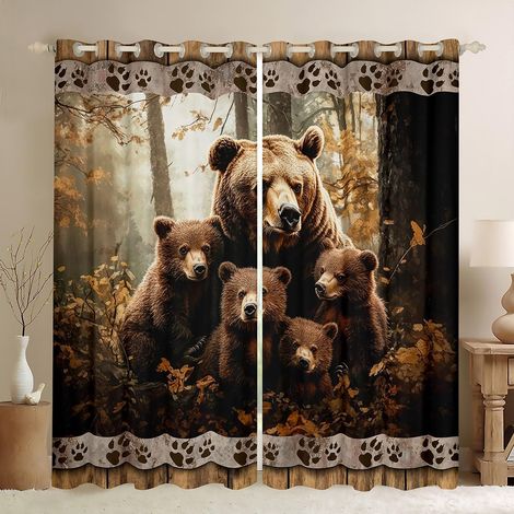 Rideau Rustique Ours Décoration Maison, Faune Jungle Animaux Chasse Cabine Rideaux de Fenêtre pour Filles Garçons Naturel Botanique Paysage Paysage Fenêtre Traitements Rideaux pour Bureau - 260x140cm  (1/5)