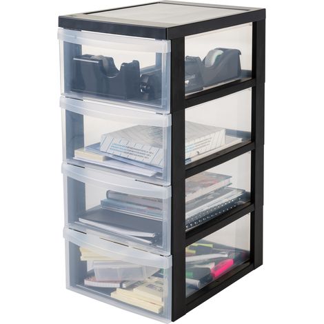 Iris Ohyama Kunststoff-Schubladenbox mit Rollen, 4 flachen Schubladen, Schwarz, Griffe zum Ziehen, Für Schlafzimmer, Bad, Schule & Büro, BPA-frei, Schubladenschrank, Rollcontainer, A4 Drawer, DC-004 (1/5)