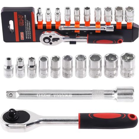 Lot de 12 Clé à cliquet, Acier Cr-Mo, Douille 4-13 mm, Extension 10 cm, Atelier garage (1/5)