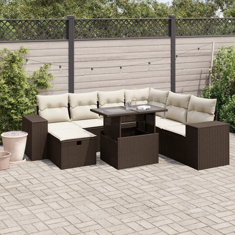 Ensemble Salon Jardin 8 Places Marron Résine Tressée avec Coussins Crème et Table Verre Trempé (1/4)