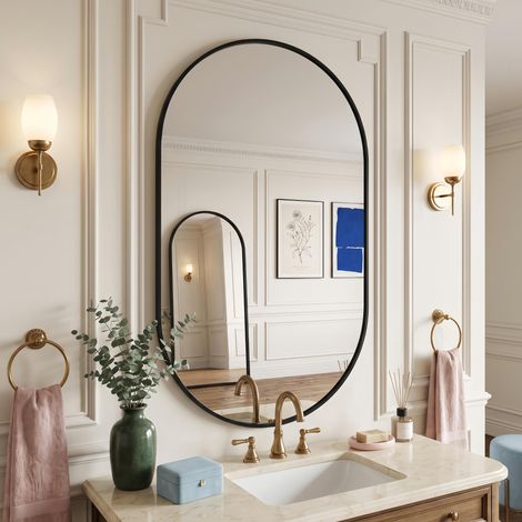 Specchio da Parete Ovale 50x75 cm - Cornice in Metallo Nero, Vetro Temperato Antiriflesso ad Alta Definizione, Specchio Moderno per Ingresso - per Bagno e Ingresso (1/5)