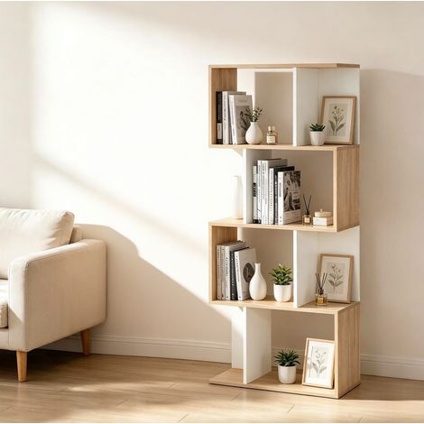 Libreria a S in pannelli di particelle, scaffale aperto 60 x 24 x 148 cm, legno naturale e bianco (1/5)