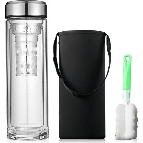 Bouteille à Thé Double Paroi 1L avec Passoire et Brosse de Nettoyage - Verre pour Thé Parfumé et Fruits (1/5)