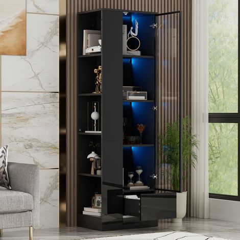 Vitrine avec porte vitrée et éclairage LED – meuble laqué brillant avec tiroirs et compartiments ouverts, offrant un grand espace de rangement pour le salon et la salle à manger, noir, 50 x 35 x 160 c (1/5)