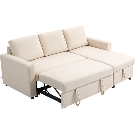 Canapé d'angle convertible modulable avec méridienne réversible, coffre de rangement et 3 coussins de dossier, crème (1/5)