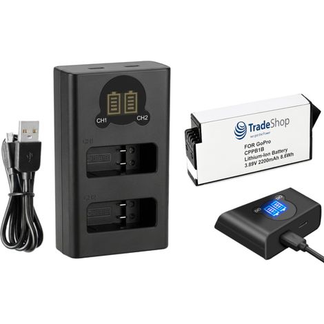 Trade-Shop 2in1 Set: Akku 2200mAh + USB-C Doppel Dual LCD Ladegerät Ladestation kompatibel mit GoPro Max 2 AMBAT-001 CPPB1B / Zubehör für Actionkamera (1/4)