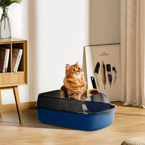 Large Sapphire Blue High Fence Semi-enclosed Cat Litter Box with Cat Litter Shovel 50cm W x 34cm D x 18cm H (1/5)