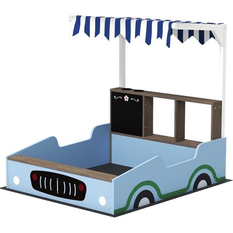 Bac à sable en bois de sapin avec toit, design magasin, banc intégré, 108 x 90 x 104 cm, bleu (1/5)