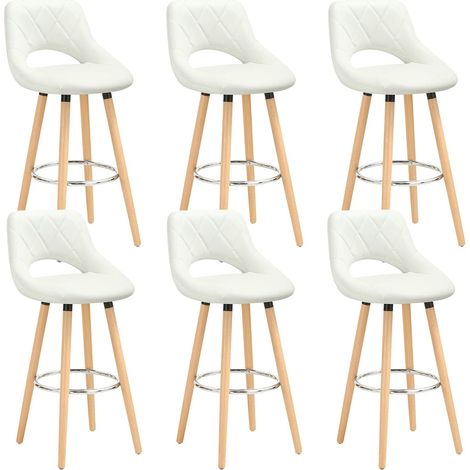 WOLTU Set di 6 sgabelli da bar, in Similpelle e legno massello con schienale e poggiapiedi 43x43x91cm Bianco (1/5)
