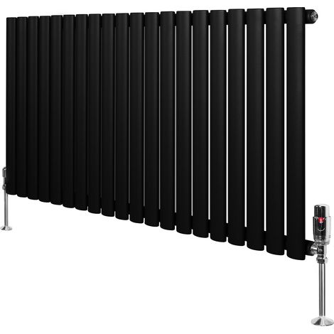 Radiateur à Colonnes Ovales & Vannes 1 Panneau 600 x 1200 mm en Acier Carbone Noir Chauffage Centrale Moderne Horizontale Monté Sur Mur Cuisine [Brosse de Nettoyage & Supports INCLUSES]