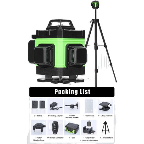 Niveau Laser, 16 Lignes, Auto-Nivelant jusqu'à 3°, Batterie Lithium Rechargeable, Portée Maximale 50m, Précision ±1/9 pouce (1/5)