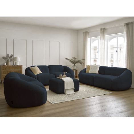BOBOCHIC - Ensemble canapé droit fixe 3 + 2 places + fauteuil TINA tissu bouclette avec pouf Bleu foncé (1/5)