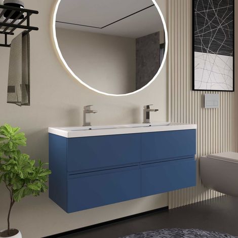Hudson Reed Urban Satin Blue 600mm Wall Hung 2 Drawer Vanity Unit and Twin Polymarble Basins - URB304C (1/5)