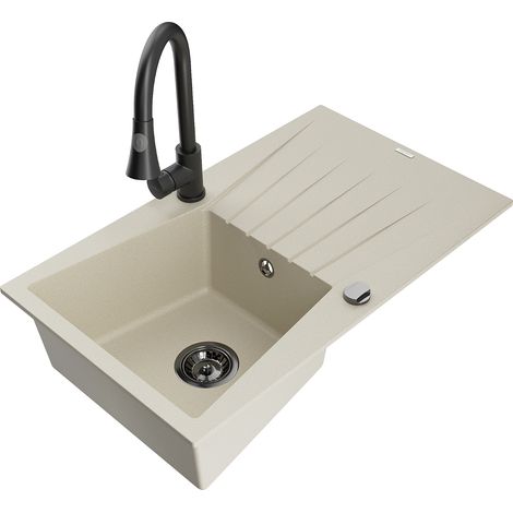 Mexen Cesar 1 Becken-Granitspüle mit Abtropffläche und Mischbatterie Elia, Beige - 6514-69-670101-70