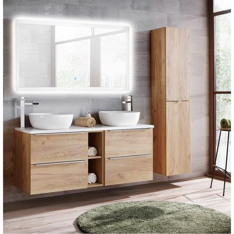 Badezimmermöbel Set mit Doppel-Keramik-Waschtisch & LED-Touch-Spiegel TOSKANA-56 Wotaneiche Nb., BxHxT ca. 195/190/46cm (1/5)